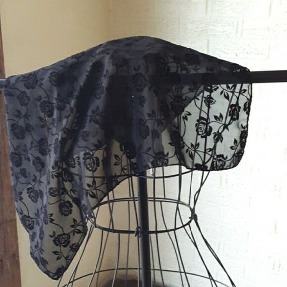 Express Black Sheer Floral Scarf Roses 21" x 21" Square Romantic Goth - Picture 1 of 4